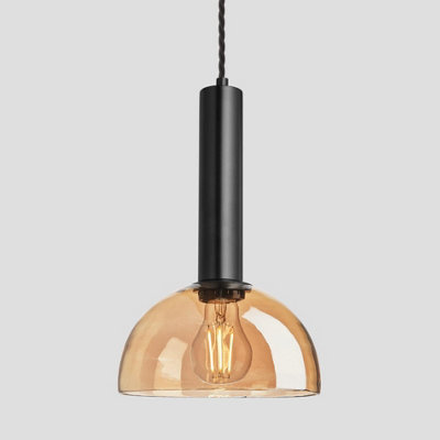 Industville Sleek Cylinder Tinted Glass Dome Pendant Light, 8 Inch, Amber, Black Holder