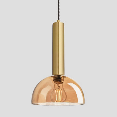 Industville Sleek Cylinder Tinted Glass Dome Pendant Light, 8 Inch, Amber, Brass Holder