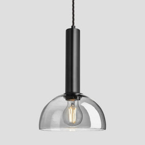 Industville Sleek Cylinder Tinted Glass Dome Pendant Light, 8 Inch, Smoke Grey, Black Holder
