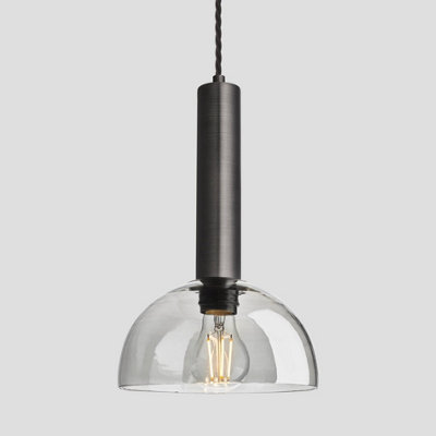 Industville Sleek Cylinder Tinted Glass Dome Pendant Light, 8 Inch, Smoke Grey, Pewter Holder