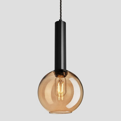 Industville Sleek Cylinder Tinted Glass Globe Pendant Light, 7 Inch, Amber, Black Holder