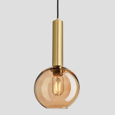 Industville Sleek Cylinder Tinted Glass Globe Pendant Light, 7 Inch, Amber, Brass Holder