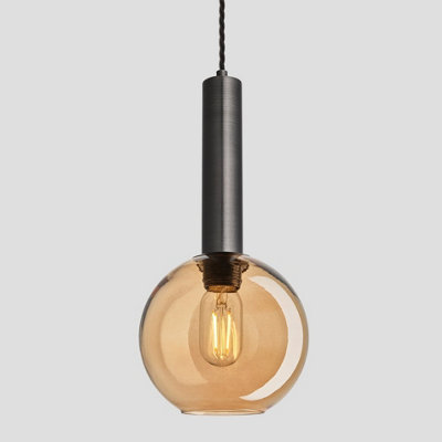 Industville Sleek Cylinder Tinted Glass Globe Pendant Light, 7 Inch, Amber, Pewter Holder