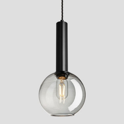 Industville Sleek Cylinder Tinted Glass Globe Pendant Light, 7 Inch, Smoke Grey, Black Holder