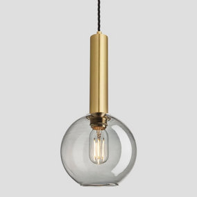 Industville Sleek Cylinder Tinted Glass Globe Pendant Light, 7 Inch, Smoke Grey, Brass Holder