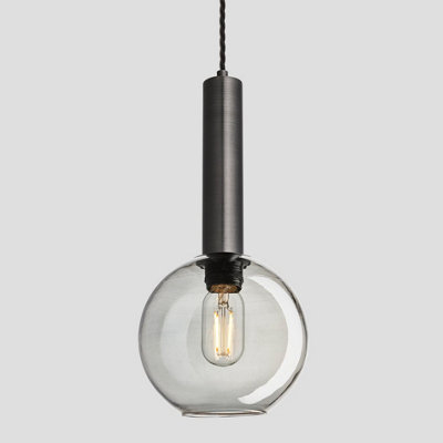 Industville Sleek Cylinder Tinted Glass Globe Pendant Light, 7 Inch, Smoke Grey, Pewter Holder