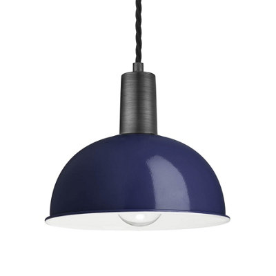 Industville Sleek Dome Pendant, 8 Inch, Dark Blue, Pewter Holder