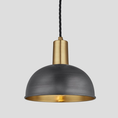 Industville Sleek Dome Pendant, 8 Inch, Pewter & Brass, Brass Holder