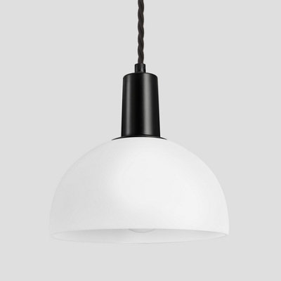 Industville Sleek Opal Glass Dome Pendant Light, 8 Inch, White, Black Holder