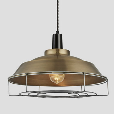 Industville Sleek Step Pendant, 16 Inch, Brass, Black Holder, Cage