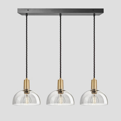 Industville Sleek Tinted Glass Dome 3 Wire Cluster Lights, 8 inch, Smoke Grey, Brass holder