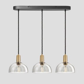 Industville Sleek Tinted Glass Dome 3 Wire Oval Cluster Lights, 8 inch, Smoke Grey, Brass holder