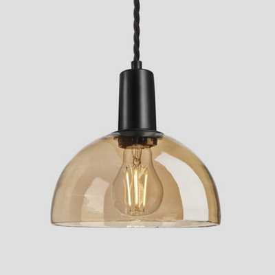 Industville Sleek Tinted Glass Dome Pendant, 8 Inch, Amber, Black Holder