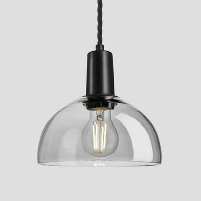 Industville Sleek Tinted Glass Dome Pendant, 8 Inch, Smoke Grey, Black Holder