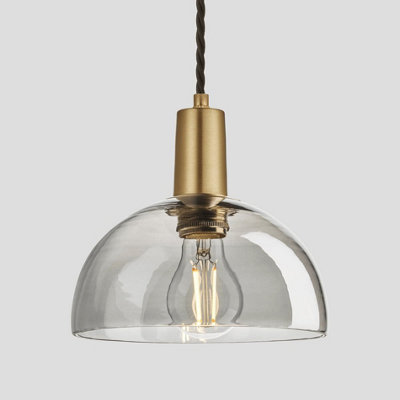 Industville Sleek Tinted Glass Dome Pendant, 8 Inch, Smoke Grey , Brass Holder