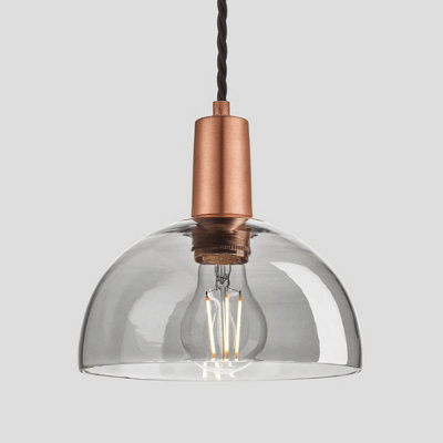 Industville Sleek Tinted Glass Dome Pendant, 8 Inch, Smoke Grey, Copper Holder