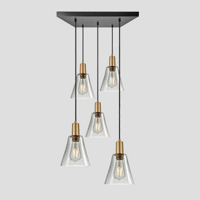 Industville Sleek Tinted Glass Flask 5 Wire Square Cluster Lights, 6 inch, Smoke Grey, Brass holder