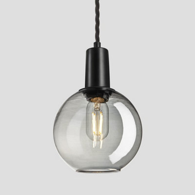 Industville Sleek Tinted Glass Globe Pendant, 7 Inch, Smoke Grey, Black Holder