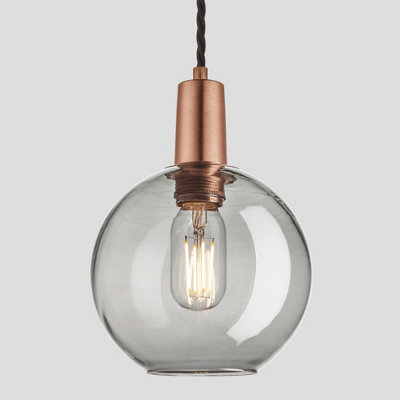 Industville Sleek Tinted Glass Globe Pendant, 7 Inch, Smoke Grey, Copper Holder