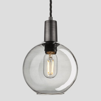 Industville Sleek Tinted Glass Globe Pendant, 7 Inch, Smoke Grey, Pewter Holder