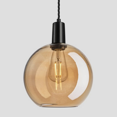 Industville Sleek Tinted Glass Globe Pendant, 9 Inch, Amber, Black Holder