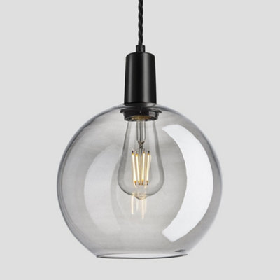 Industville Sleek Tinted Glass Globe Pendant, 9 Inch, Smoke Grey , Black Holder