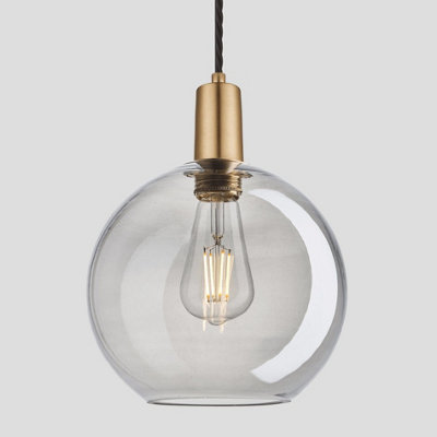 Industville Sleek Tinted Glass Globe Pendant, 9 Inch, Smoke Grey, Brass Holder