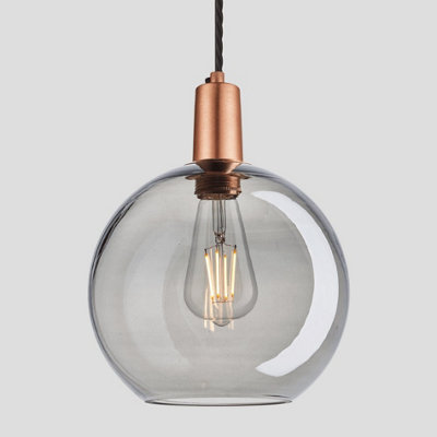 Industville Sleek Tinted Glass Globe Pendant, 9 Inch, Smoke Grey, Copper Holder