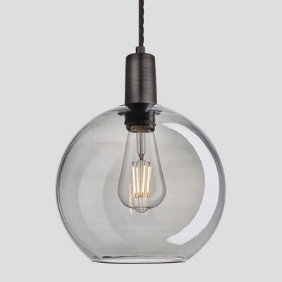 Industville Sleek Tinted Glass Globe Pendant, 9 Inch, Smoke Grey, Pewter Holder