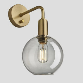 Industville Sleek Tinted Glass Globe Wall Light, 7 Inch, Smoke Grey, Brass Holder
