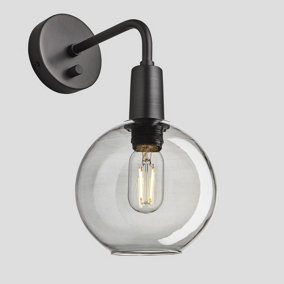 Industville Sleek Tinted Glass Globe Wall Light, 7 Inch, Smoke Grey, Pewter Holder