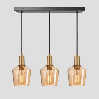 Industville Sleek Tinted Glass Schoolhouse 3 Wire Cluster Lights, 5.5 inch, Amber, Brass holder