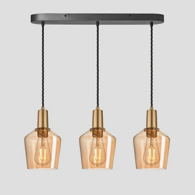 Industville Sleek Tinted Glass Schoolhouse 3 Wire Oval Cluster Lights, 5.5 inch, Amber, Brass holder
