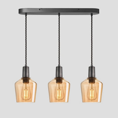 Industville Sleek Tinted Glass Schoolhouse 3 Wire Oval Cluster Lights, 5.5 inch, Amber, Pewter holder