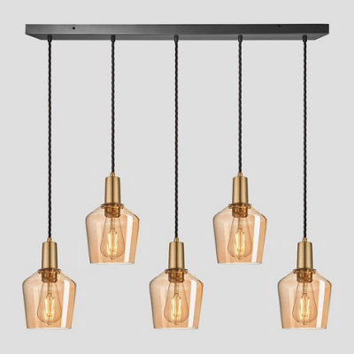 Industville Sleek Tinted Glass Schoolhouse 5 Wire Cluster Lights, 5.5 inch, Amber, Brass holder