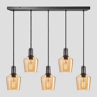 Industville Sleek Tinted Glass Schoolhouse 5 Wire Cluster Lights, 5.5 inch, Amber, Pewter holder