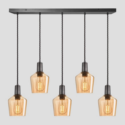 Industville Sleek Tinted Glass Schoolhouse 5 Wire Cluster Lights, 5.5 inch, Amber, Pewter holder