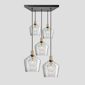 Industville Sleek Tinted Glass Schoolhouse 5 Wire Square Cluster Lights, 10 inch, Smoke Grey, Brass holder