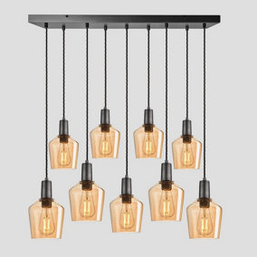 Industville Sleek Tinted Glass Schoolhouse 9 Wire Cluster Lights, 5.5 inch, Amber, Pewter holder
