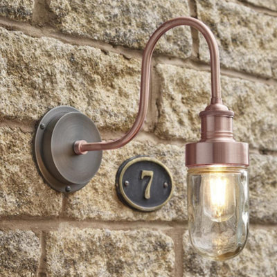 Industville Swan Neck Outdoor & Bathroom Wall Light, Copper, Tube Glass