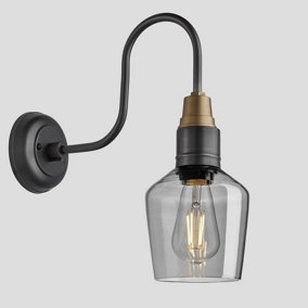 Industville Swan Neck Tinted Glass Schoolhouse Wall Light, 5.5 Inch, Smoke Grey, Pewter Holder