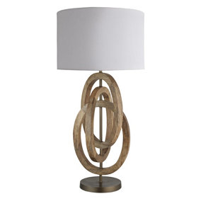 Industville Wooden Geometric Circle Table Lamp in Natural with Grey Large Drum Lampshade