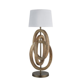 Industville Wooden Geometric Circle Table Lamp in Natural with Grey Large Empire Lampshade
