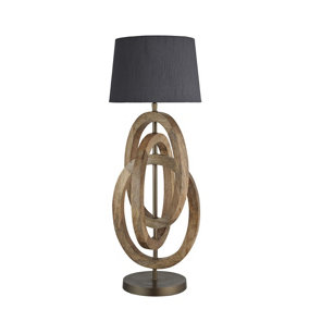 Industville Wooden Geometric Circle Table Lamp in Natural with Grey Small Cube Lampshade