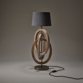 Industville Wooden Geometric Circle Table Lamp in Natural with Grey Small Empire Lampshade