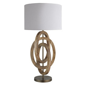 Industville Wooden Geometric Circle Table Lamp in Natural with White Large Drum Lampshade
