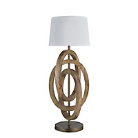 Industville Wooden Geometric Circle Table Lamp in Natural with White Large Empire Lampshade