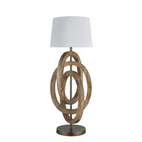 Industville Wooden Geometric Circle Table Lamp in Natural with White Large Empire Lampshade