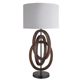 Industville Wooden Geometric Circle Table Lamp in Walnut with Grey Large Drum Lampshade