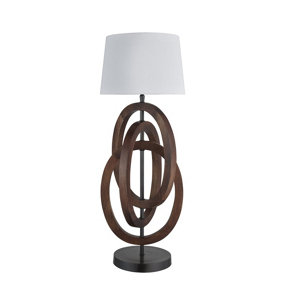 Industville Wooden Geometric Circle Table Lamp in Walnut with Grey Small Cube Lampshade